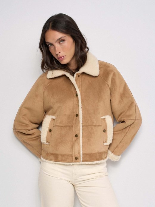 Damen Jacke - Cropped Faux Suede Shearling