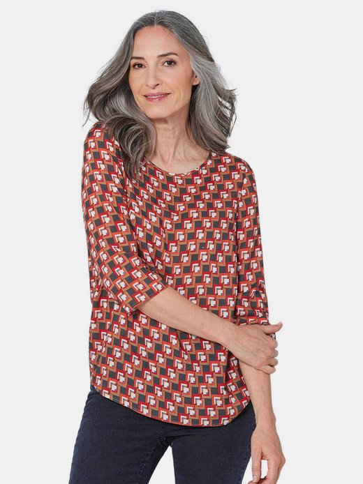 Damen Kurzgröße: Bluse 3/4-Arm mit grafischem Druck