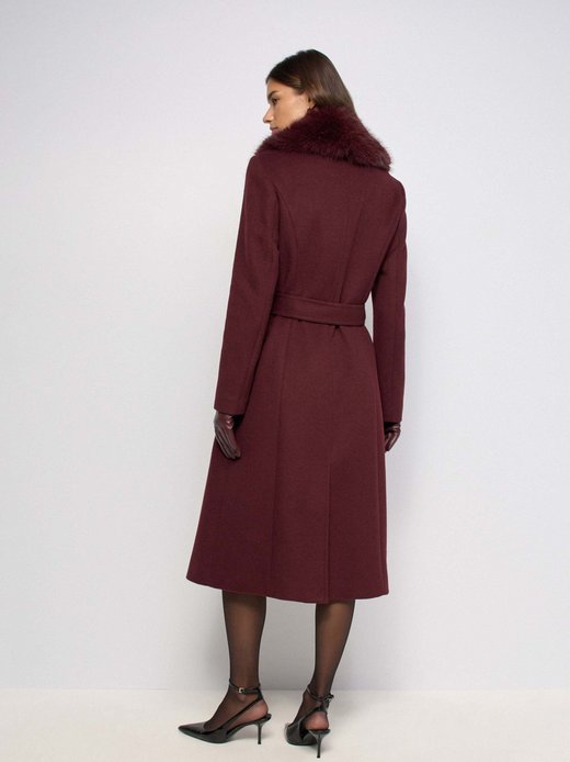 Damen Mantel - Long Wool Coat Faux Fur Belt