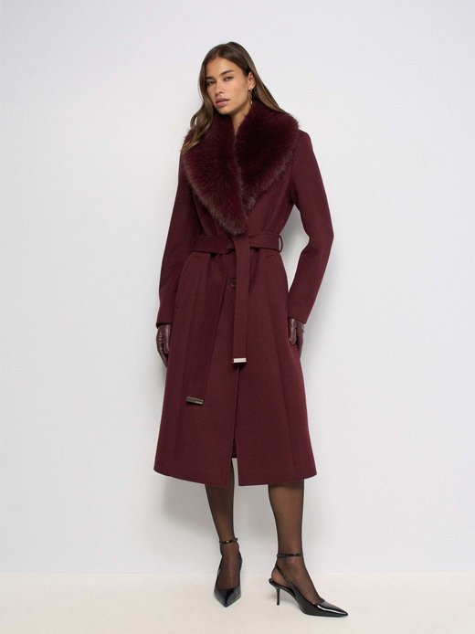 Damen Mantel - Long Wool Coat Faux Fur Belt