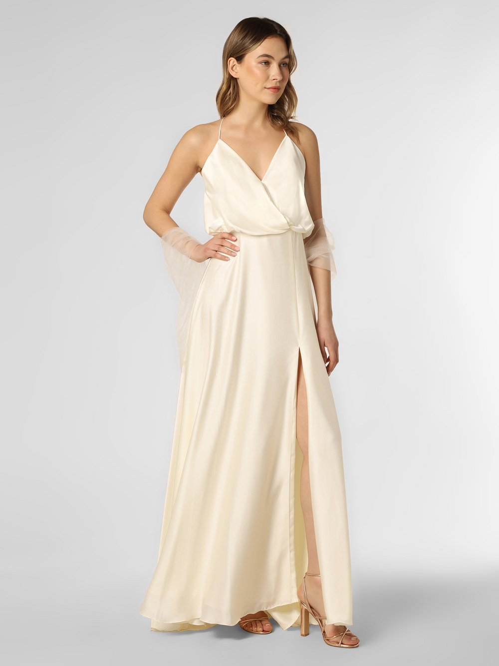 Unique - Damska sukienka wieczorowa z etolą, beżowy|biały