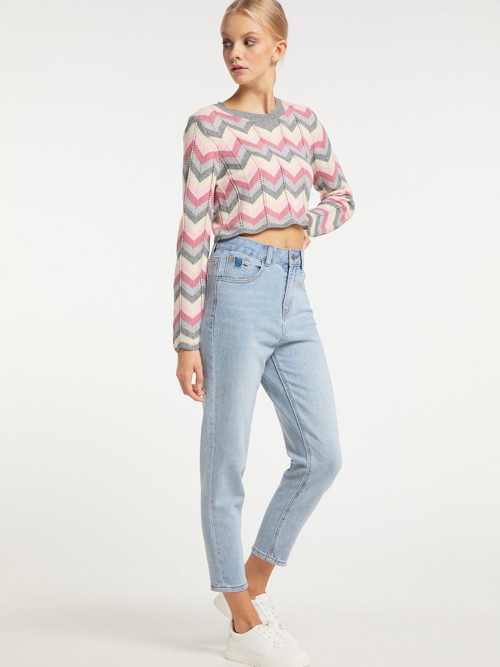 MyMo Mom Jeans Damen Baumwolle blau meliert, S