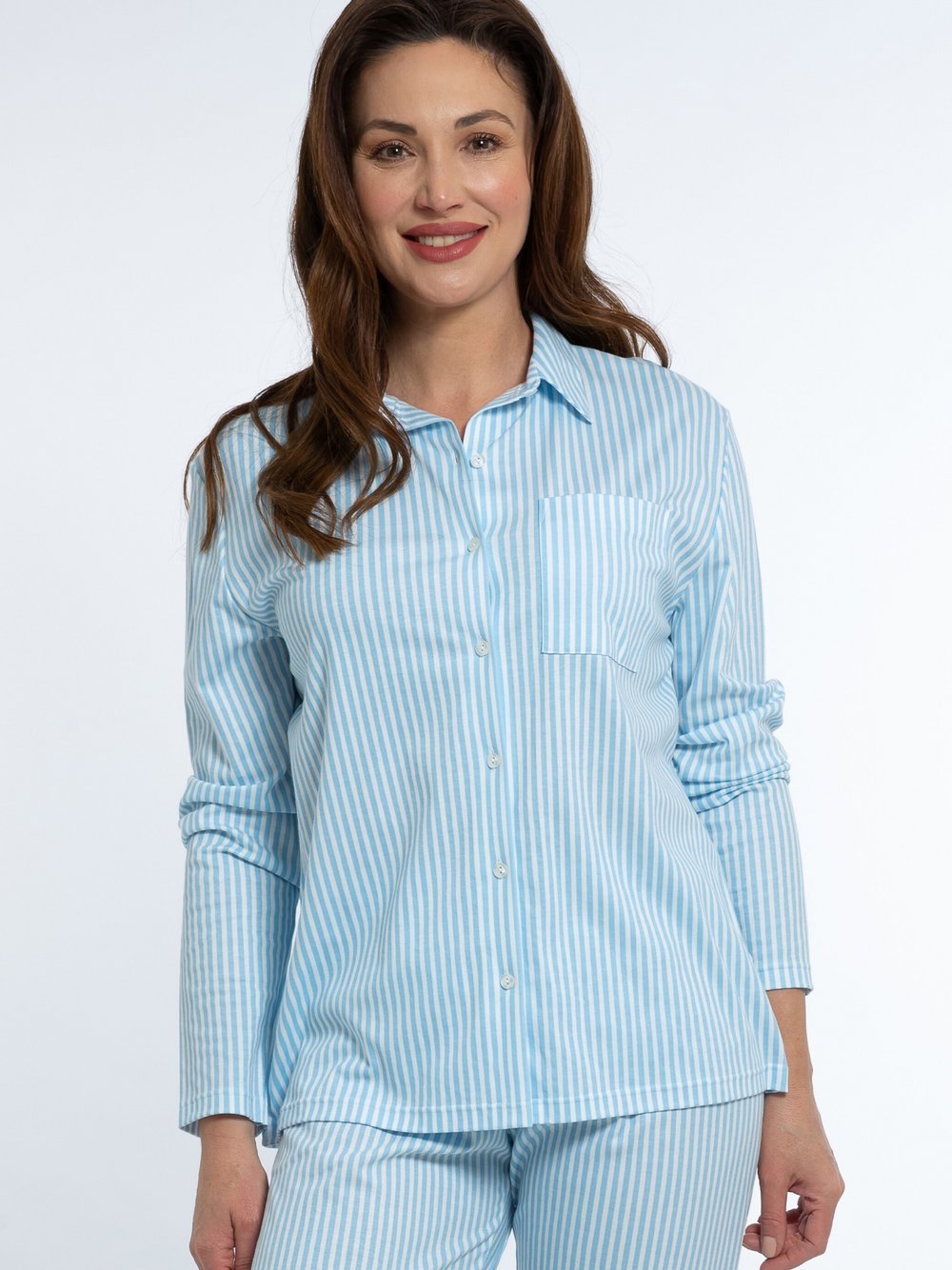 Mey Pyjama Oberteil Damen Baumwolle blau gestreift, 46