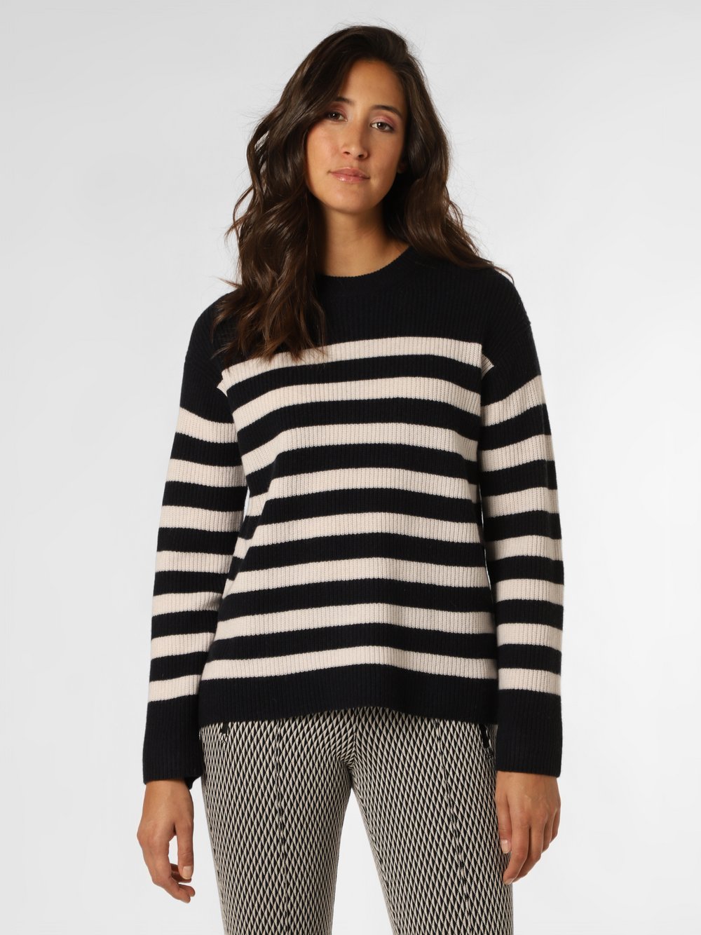 Marie Lund - Damski sweter z wełny merino, niebieski|biały