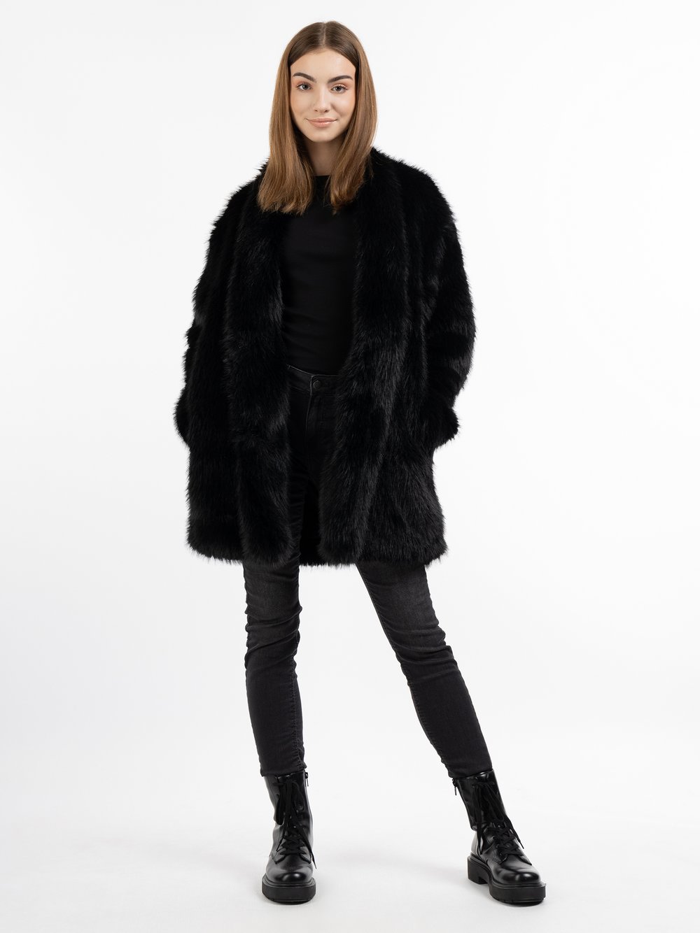 MyMo Fake Fur Mantel Damen schwarz, L