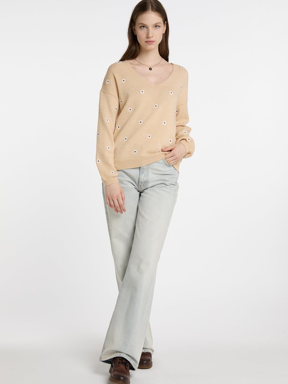 Dreimaster Strick Pullover Damen Polyamid beige gemustert, M/L