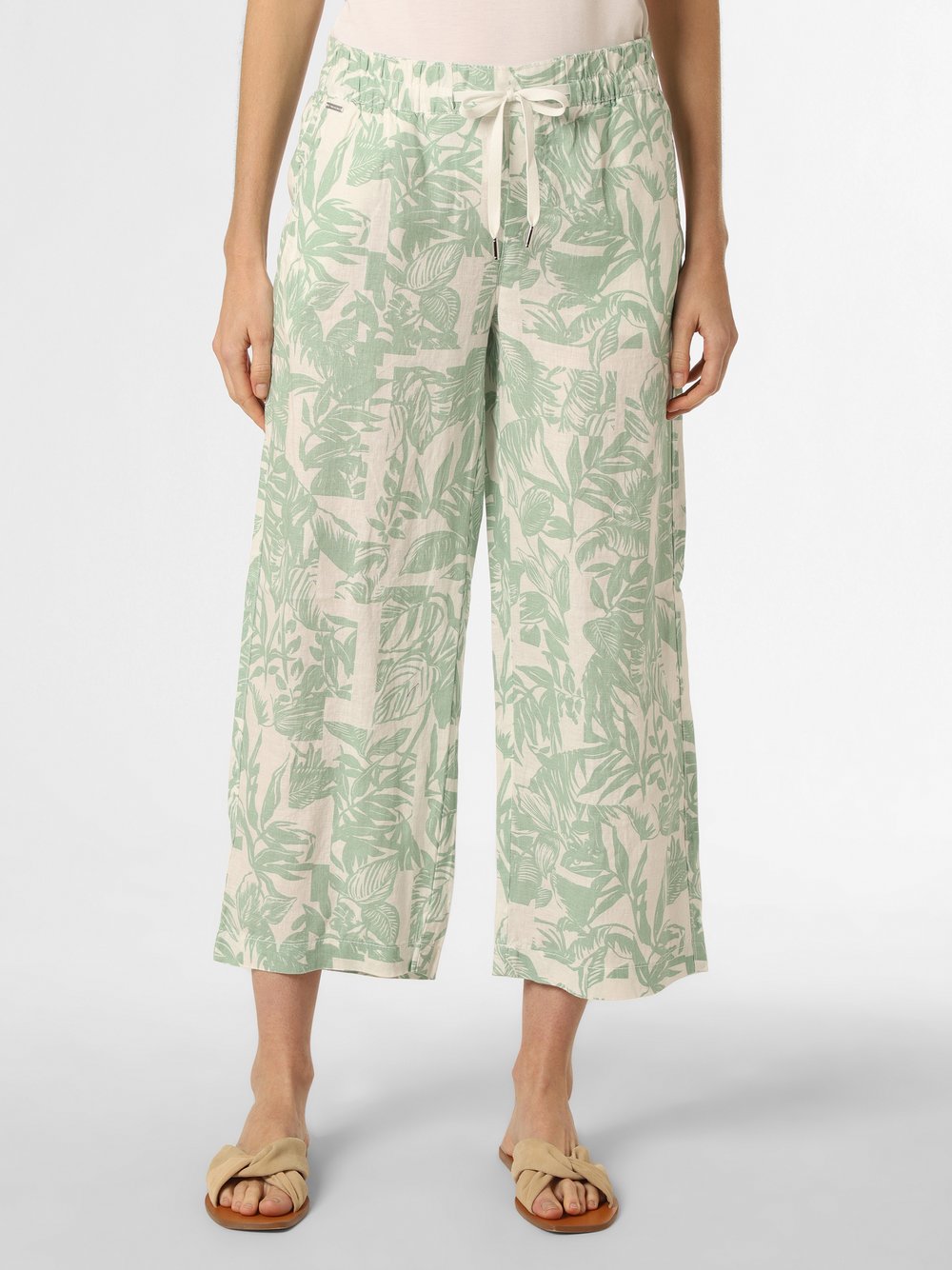 Street One - Damskie spodnie lniane – Emee, zielony|biały