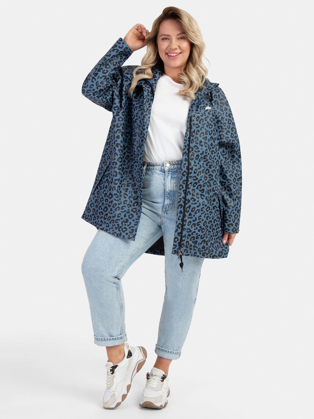 Schmuddelwedda Plus Size Regenmantel mit Leoprint Damen blau gemustert, 42-44