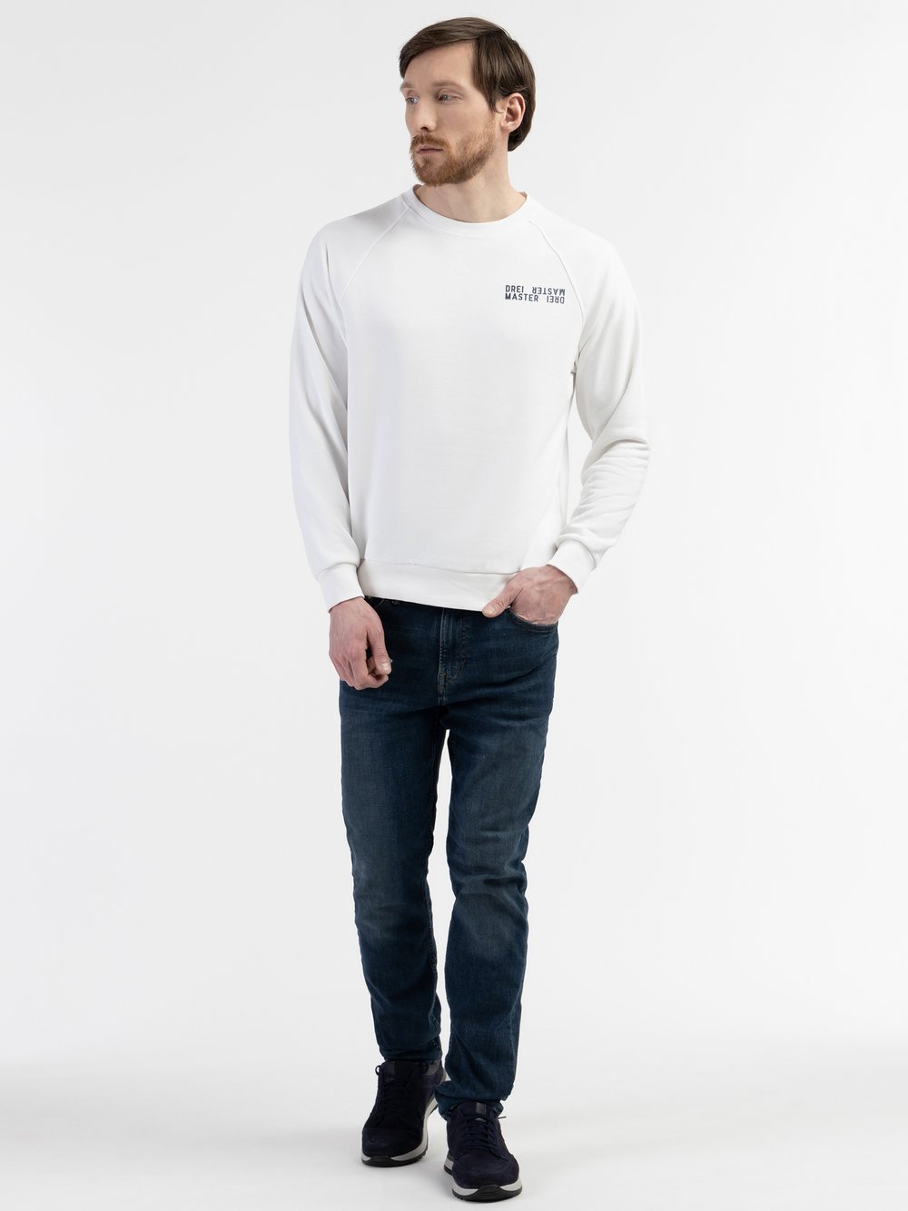 Dreimaster Sweatshirt mit Rundhals Herren Baumwolle weiß, L