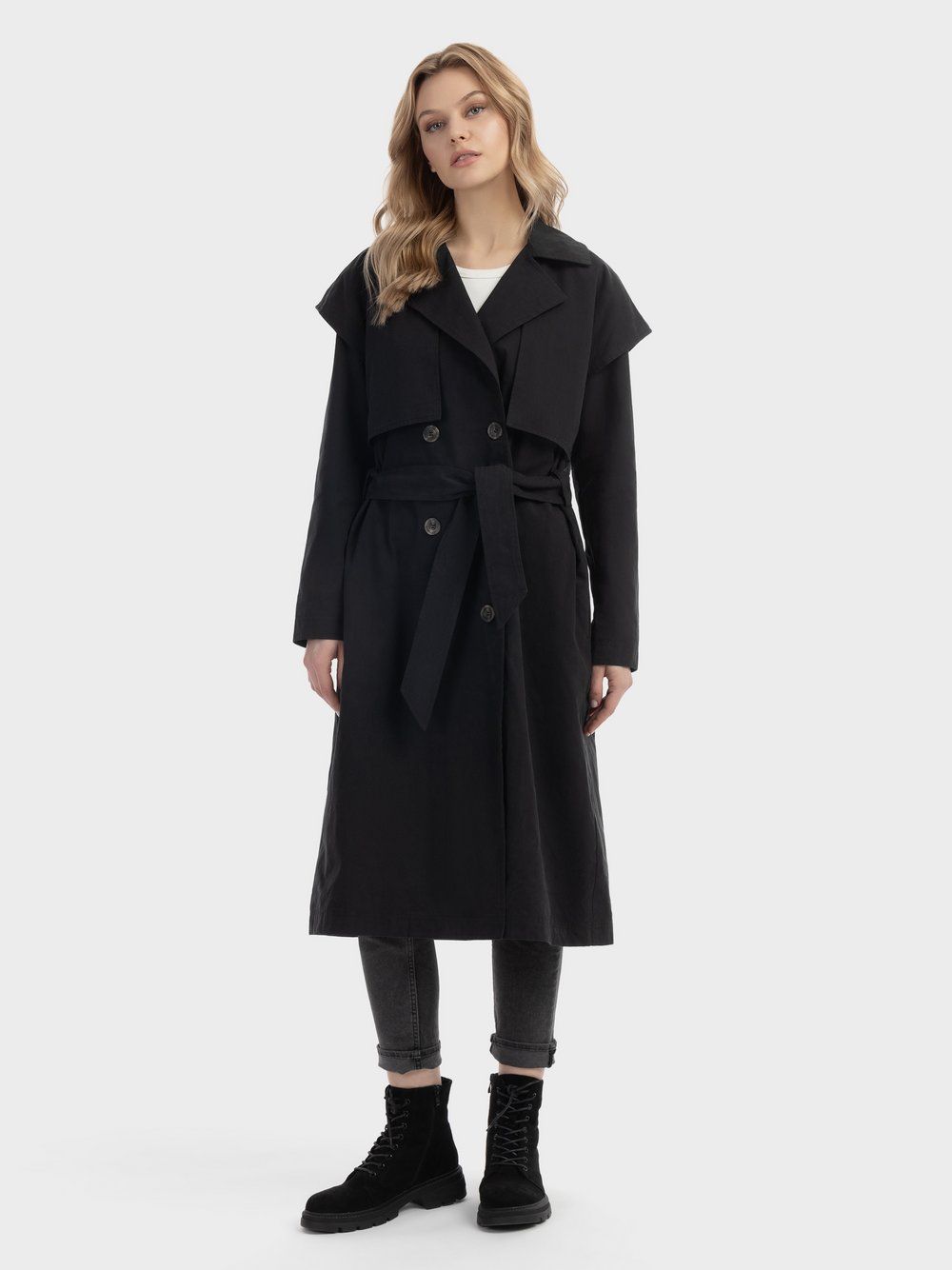 Dreimaster Trenchcoat Damen Baumwolle schwarz, XXL