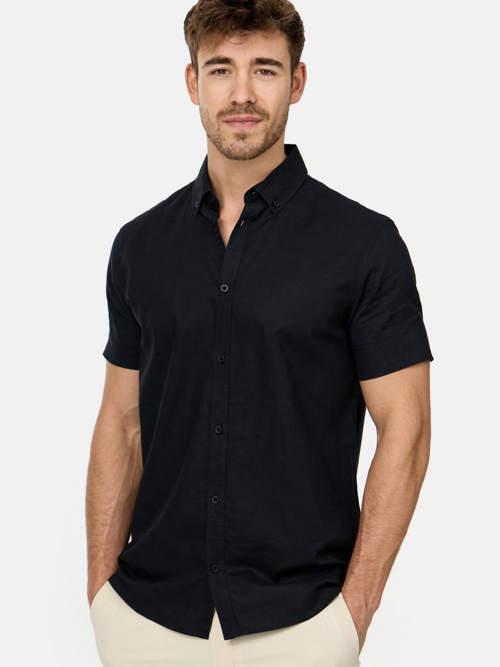 Indicode Hemd Kurzarm Herren Regular Fit Leinen schwarz, XXL