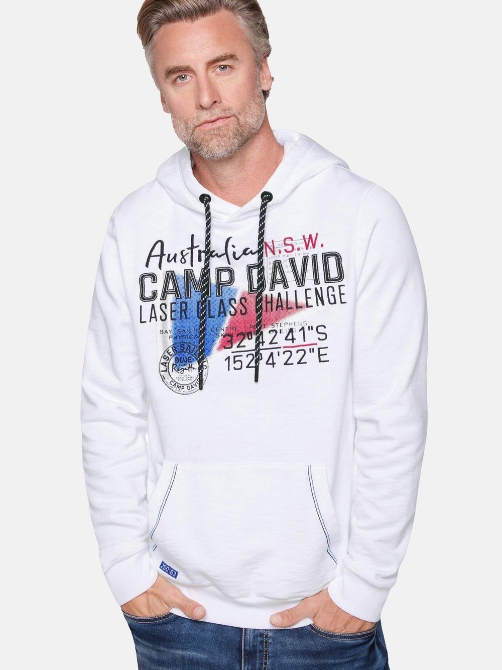 Camp David Kapuzensweatshirt Herren Baumwolle weiß bedruckt, S