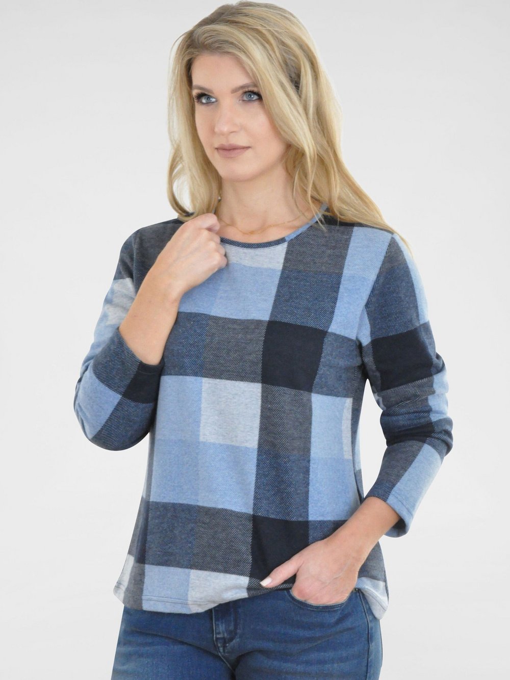 Navigazione Pullover Damen blau kariert, 38