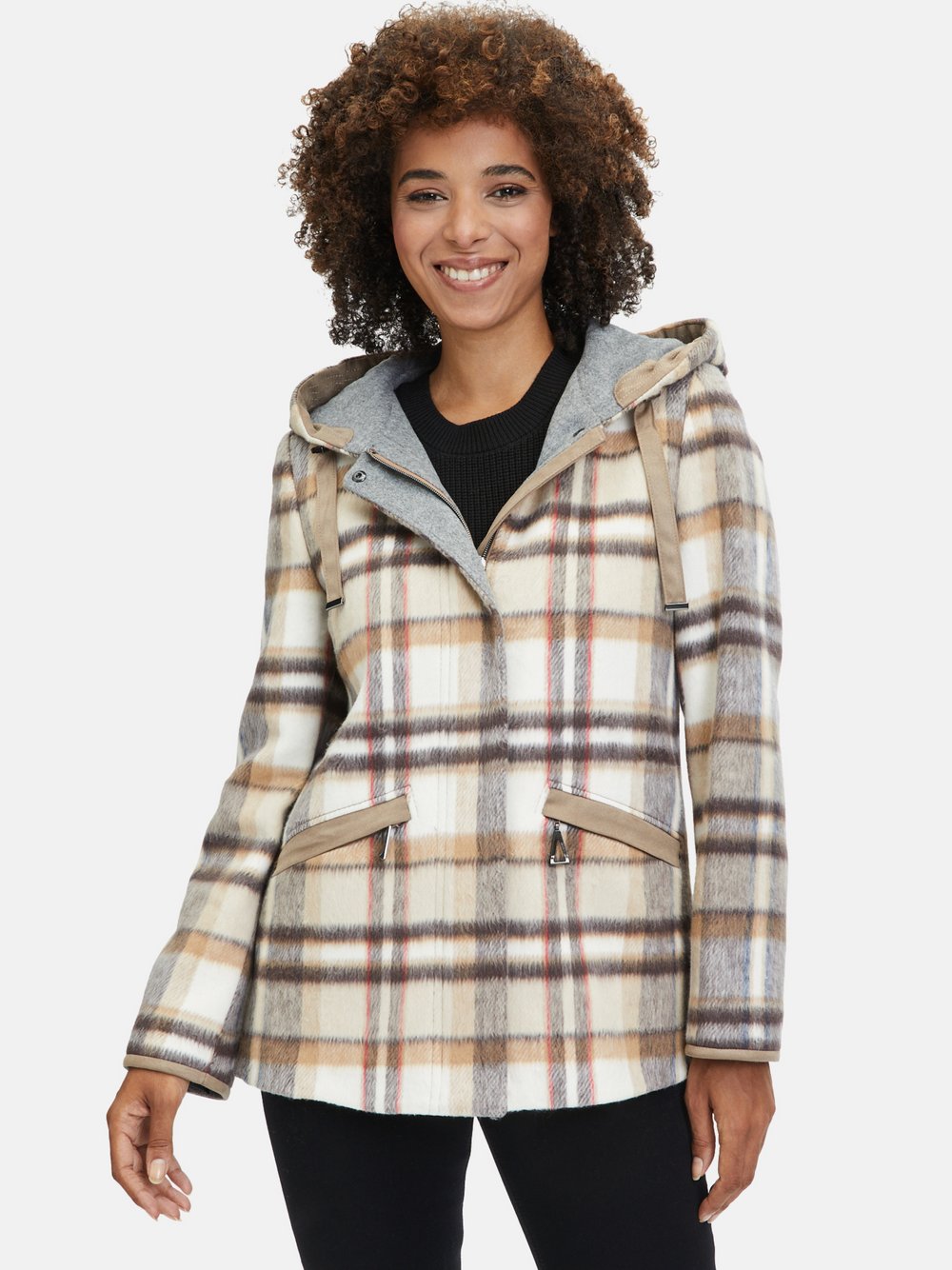 Amber & June Winterjacke Damen Baumwolle beige kariert, 44