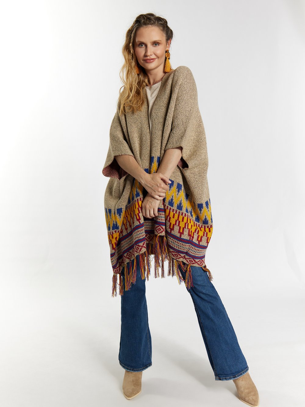 Usha Strickponcho Damen mehrfarbig bedruckt, M/L