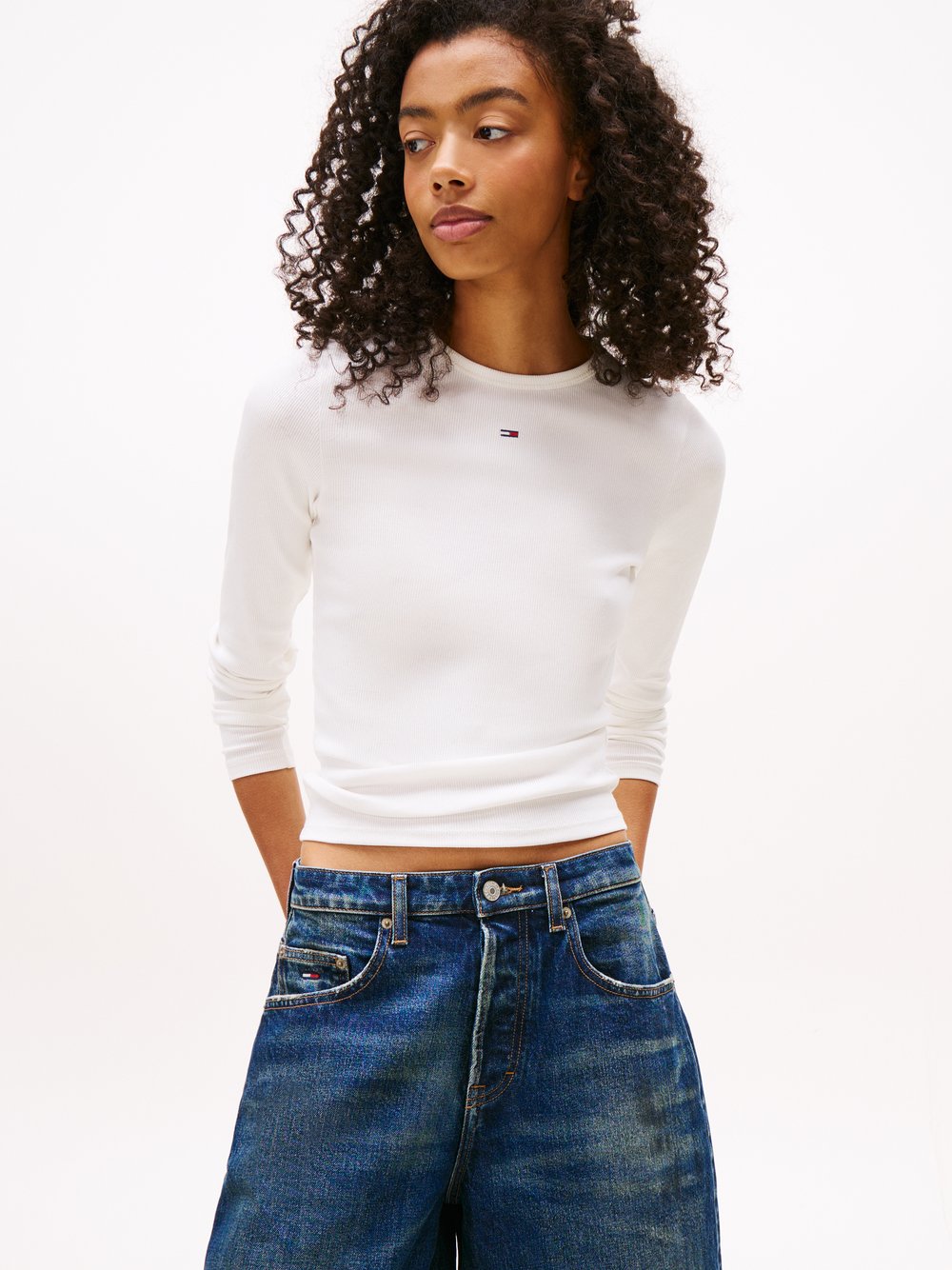 Tommy Jeans Langarmshirt Damen Baumwolle weiß, M