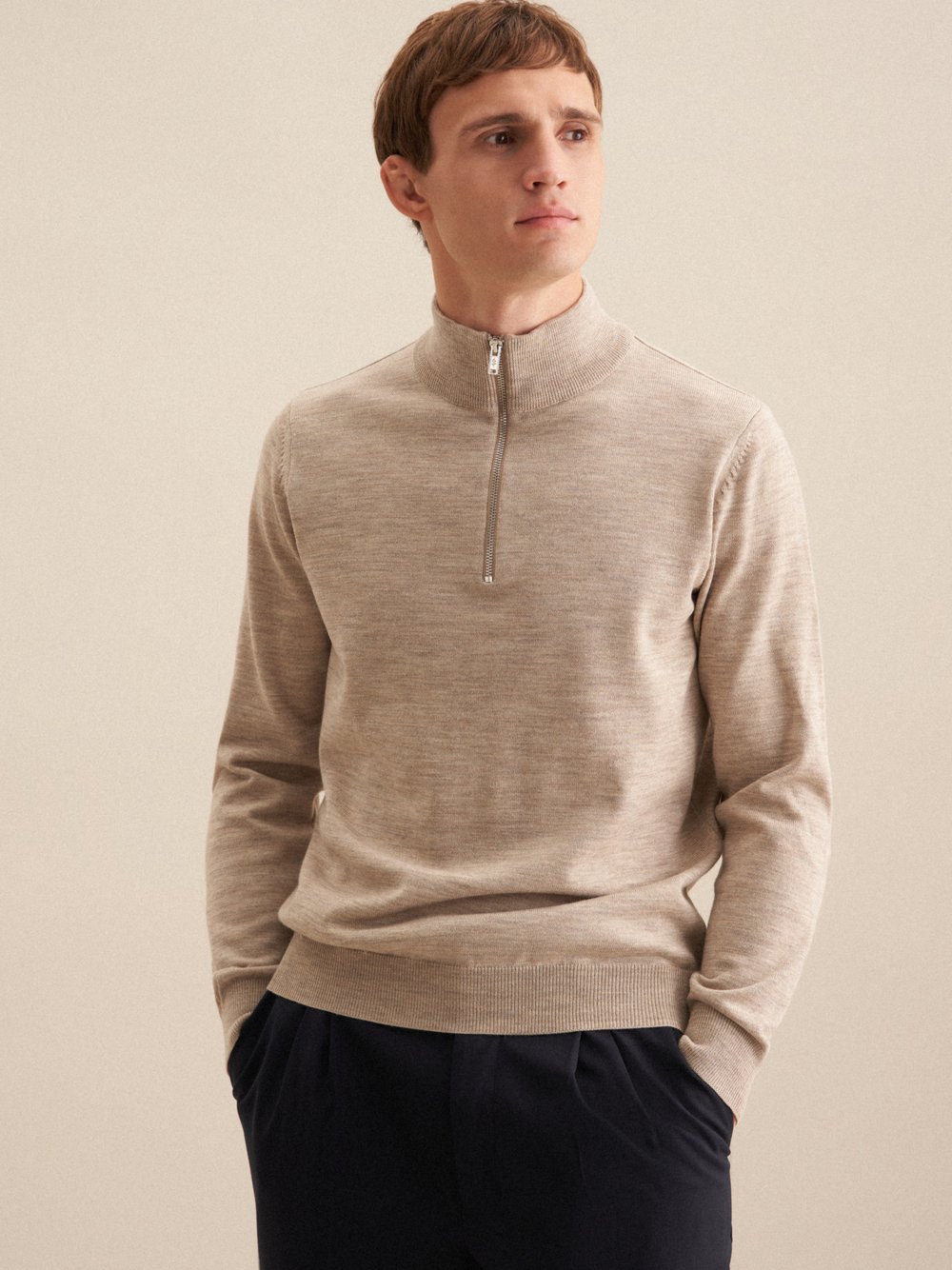 Seidensticker Quarter Zip Herren Wolle beige, XXXL