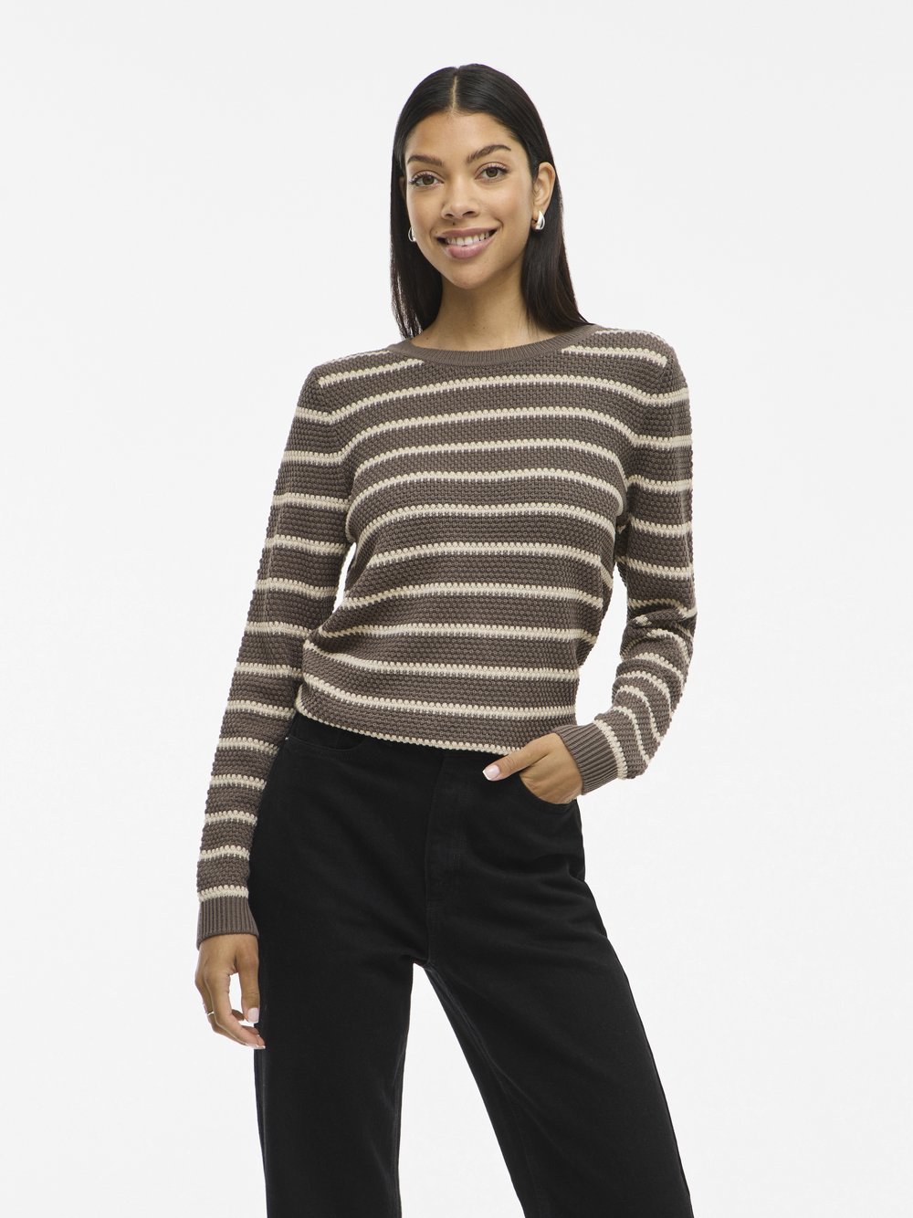 Vila Strickpullover Damen Baumwolle braun gestreift, L