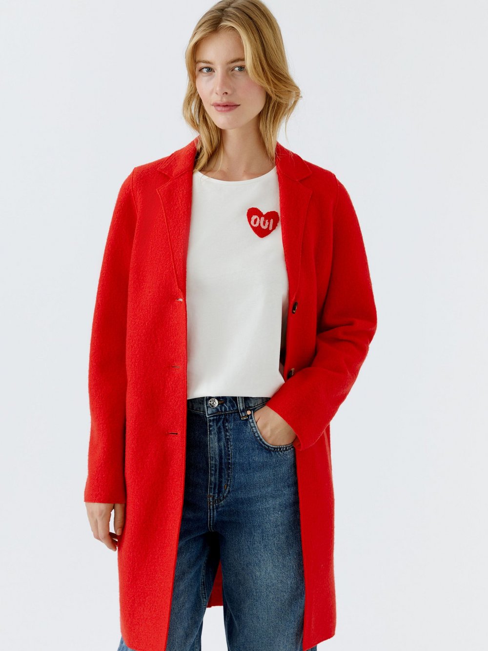 Oui Wollmantel Damen Schurwolle rot, 34