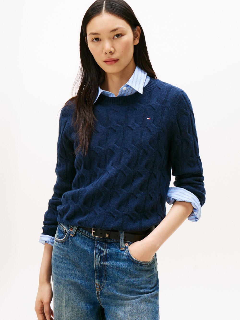 Tommy Hilfiger Strickpullover Damen Wolle blau strukturiert, S