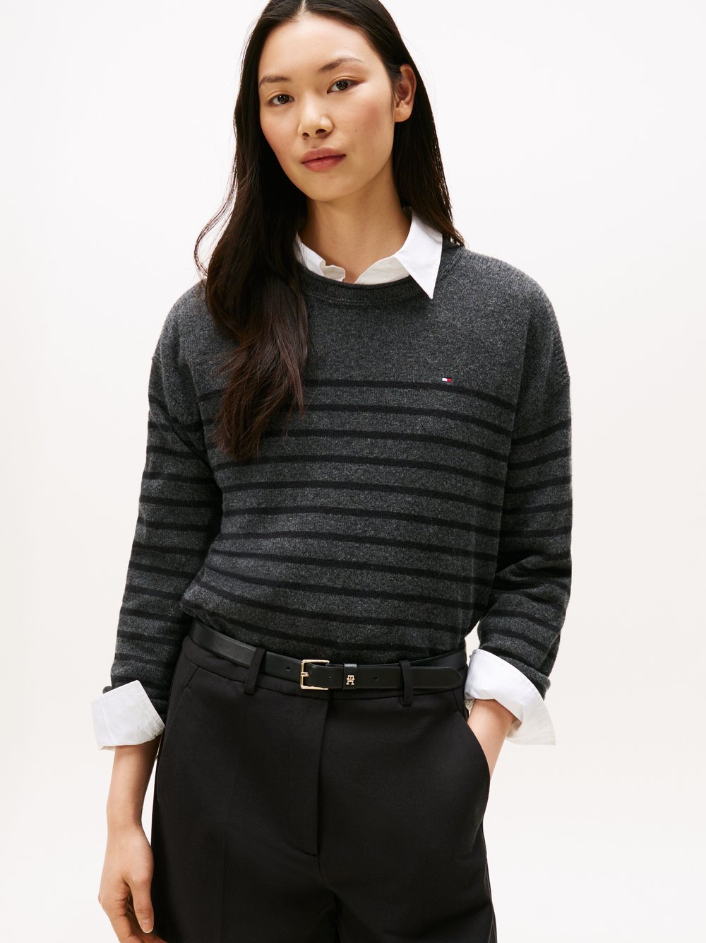 Tommy Hilfiger Wollpullover Damen Feinstrick grau gestreift, XL
