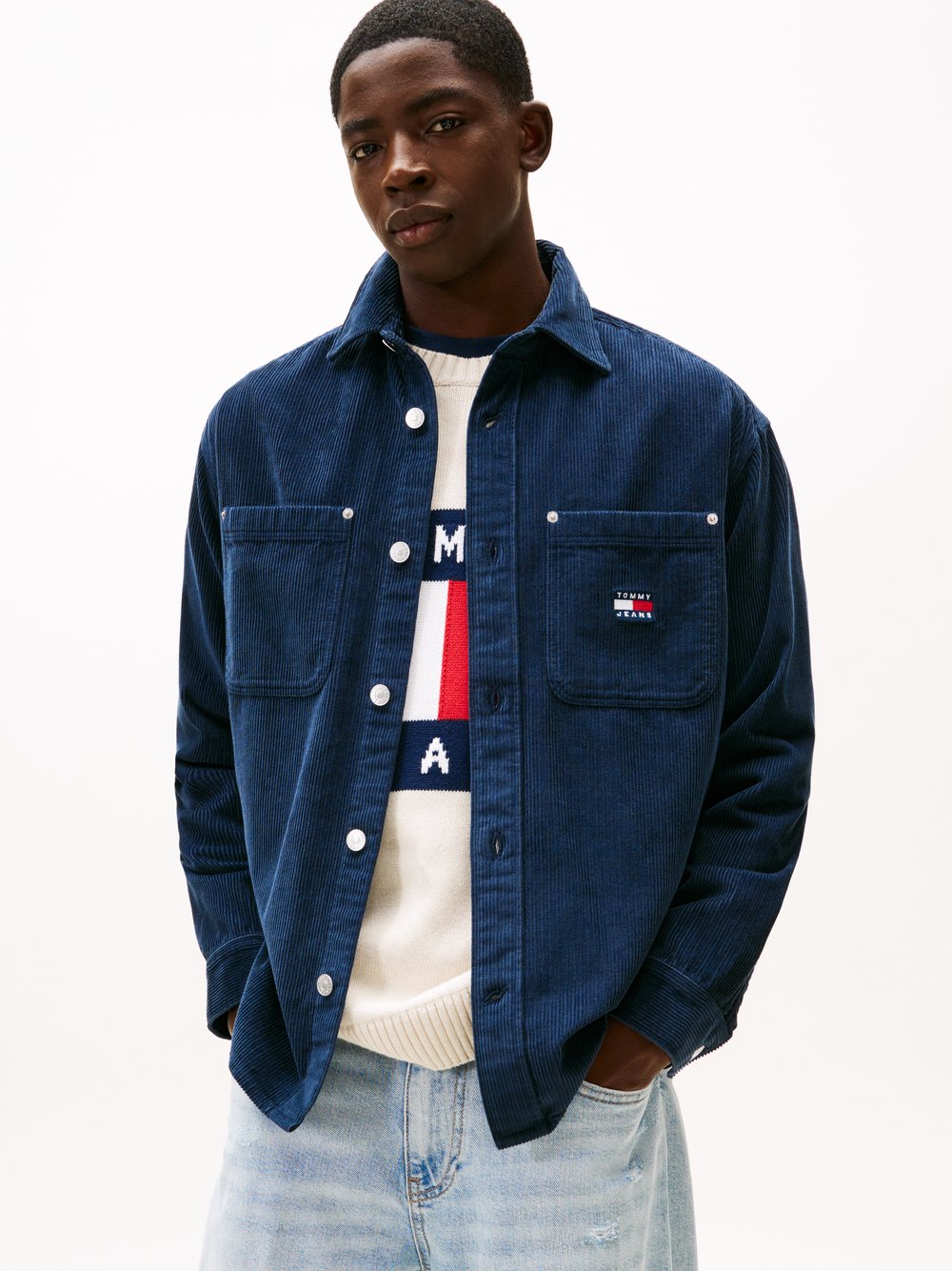 Tommy Jeans Cordhemd Herren Comfort Fit Baumwolle blau, L