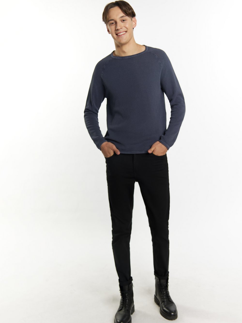 Mo Strick Pullover Herren Baumwolle blau, S