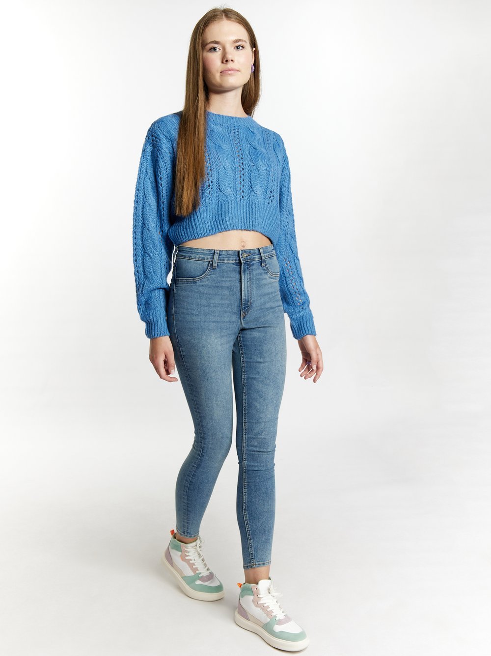 MyMo Strick Cropped Pullover Damen blau gemustert, S