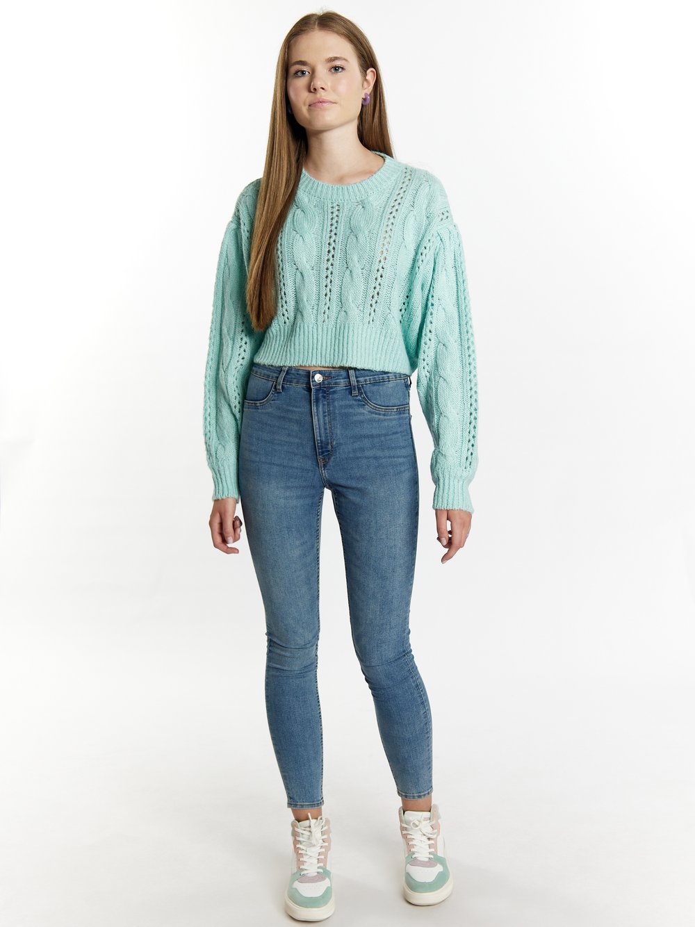 MyMo Strick Cropped Pullover Damen blau gemustert, S