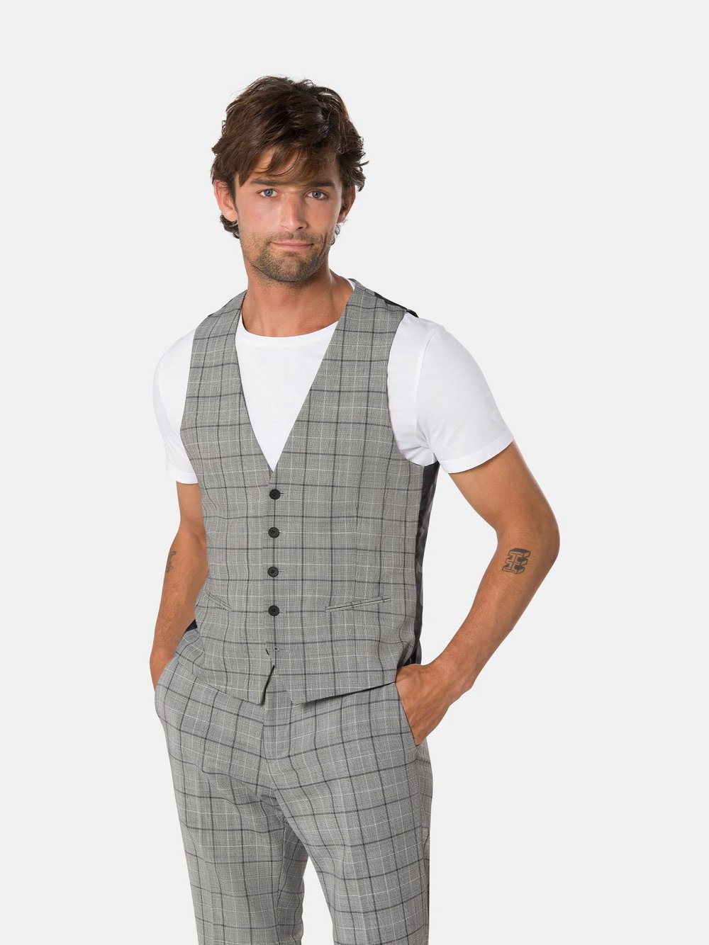 Benvenuto Anzugweste UMBERTO Herren Slim Fit grau kariert, 56
