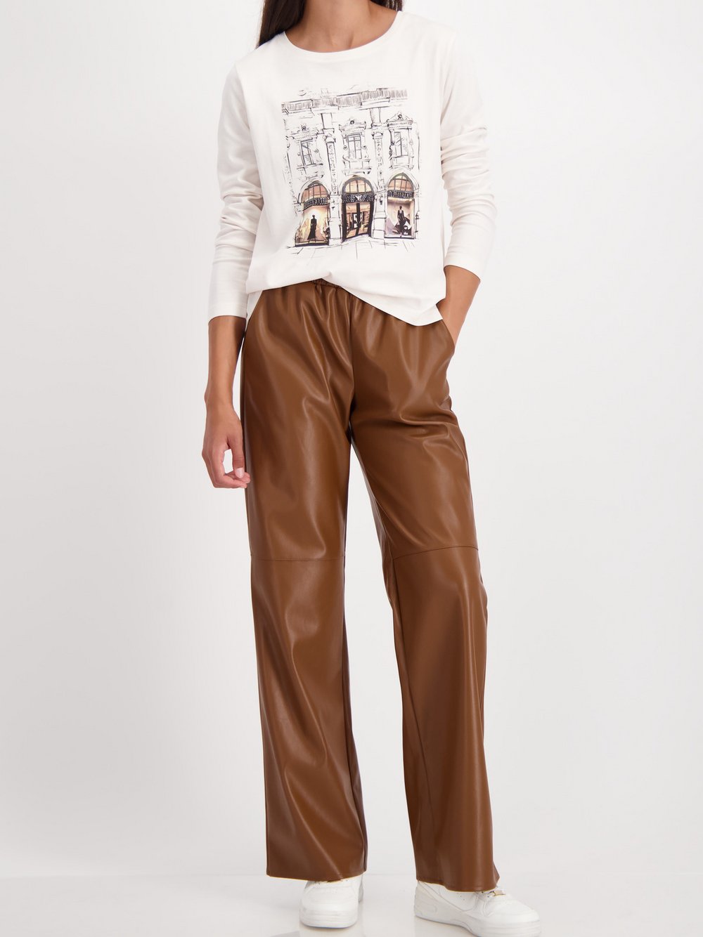 Monari Langarmshirt Damen Jersey beige bedruckt, 38