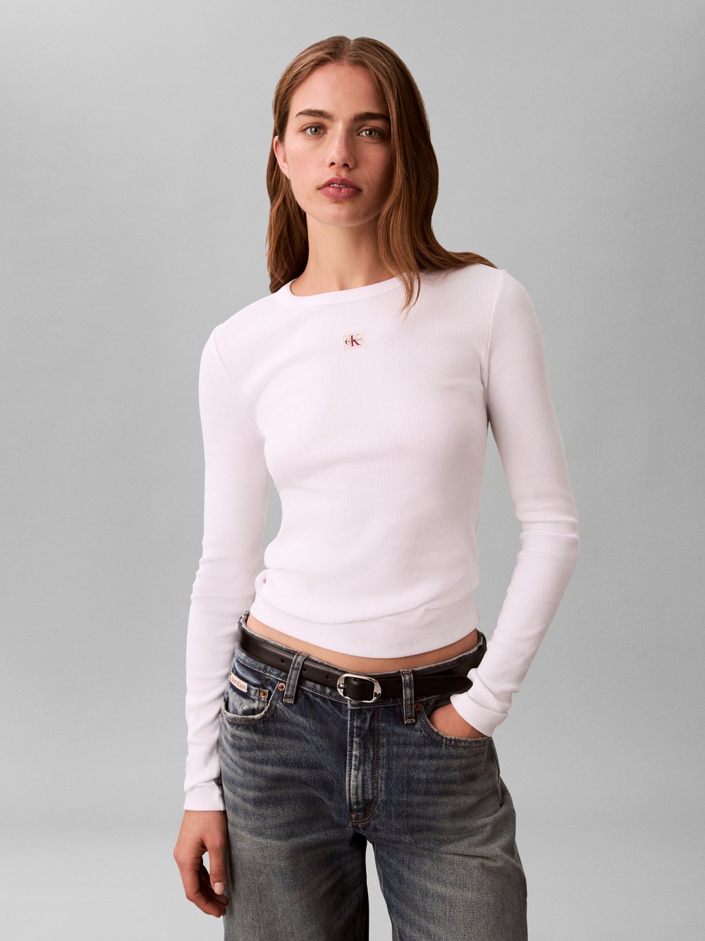 Thumbnail - Calvin Klein Jeans Langarmshirt Damen Baumwolle weiß, S