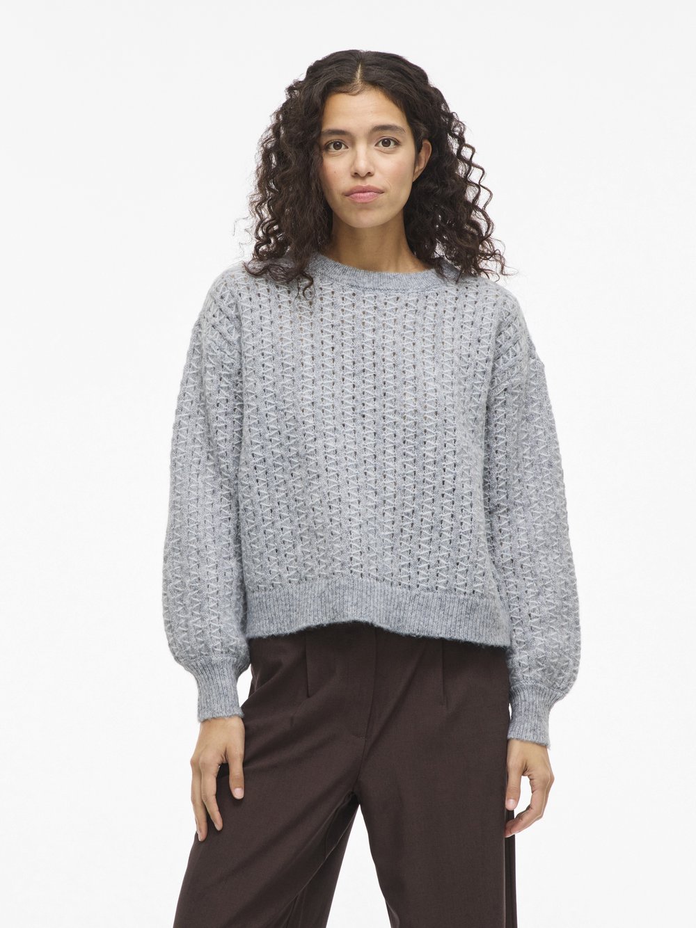 Vila Strickpullover Damen Grobstrick grau meliert, L