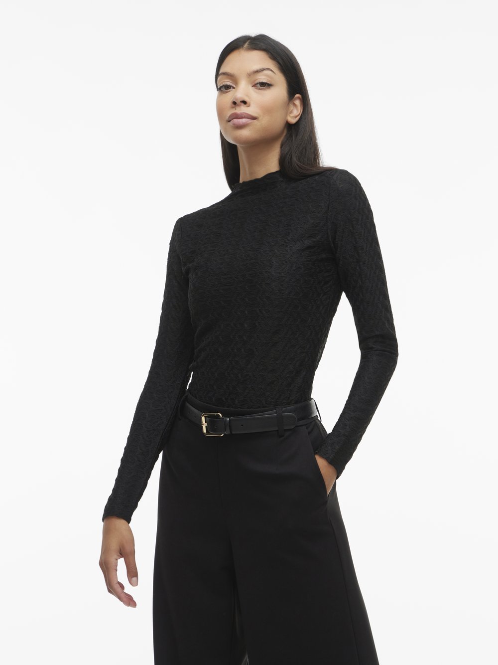 Vila Langarmshirt Damen schwarz strukturiert, XS