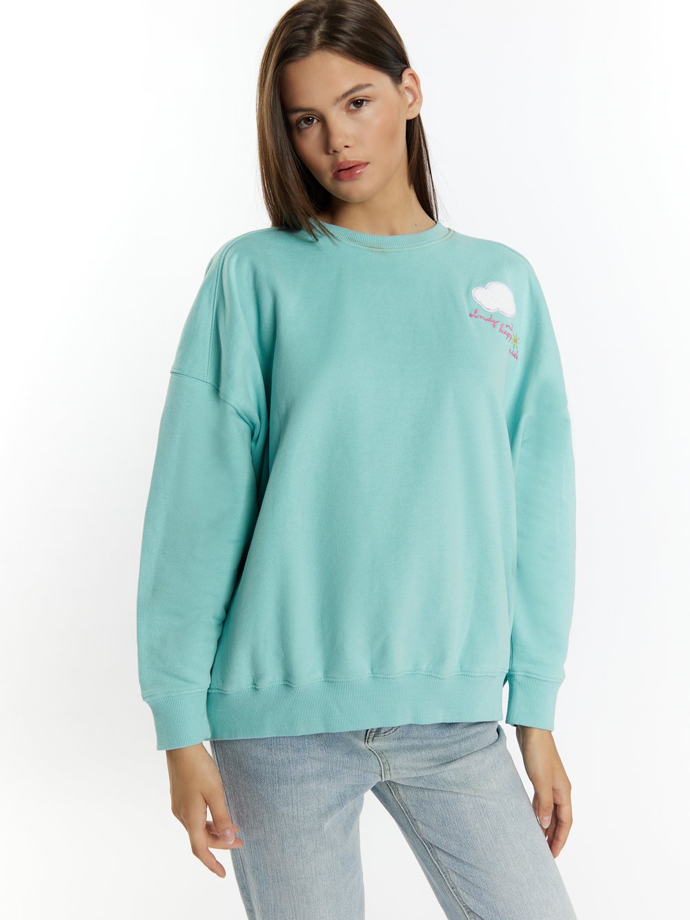 MyMo Sweatshirt mit Applikation Damen Baumwolle blau bedruckt, XL