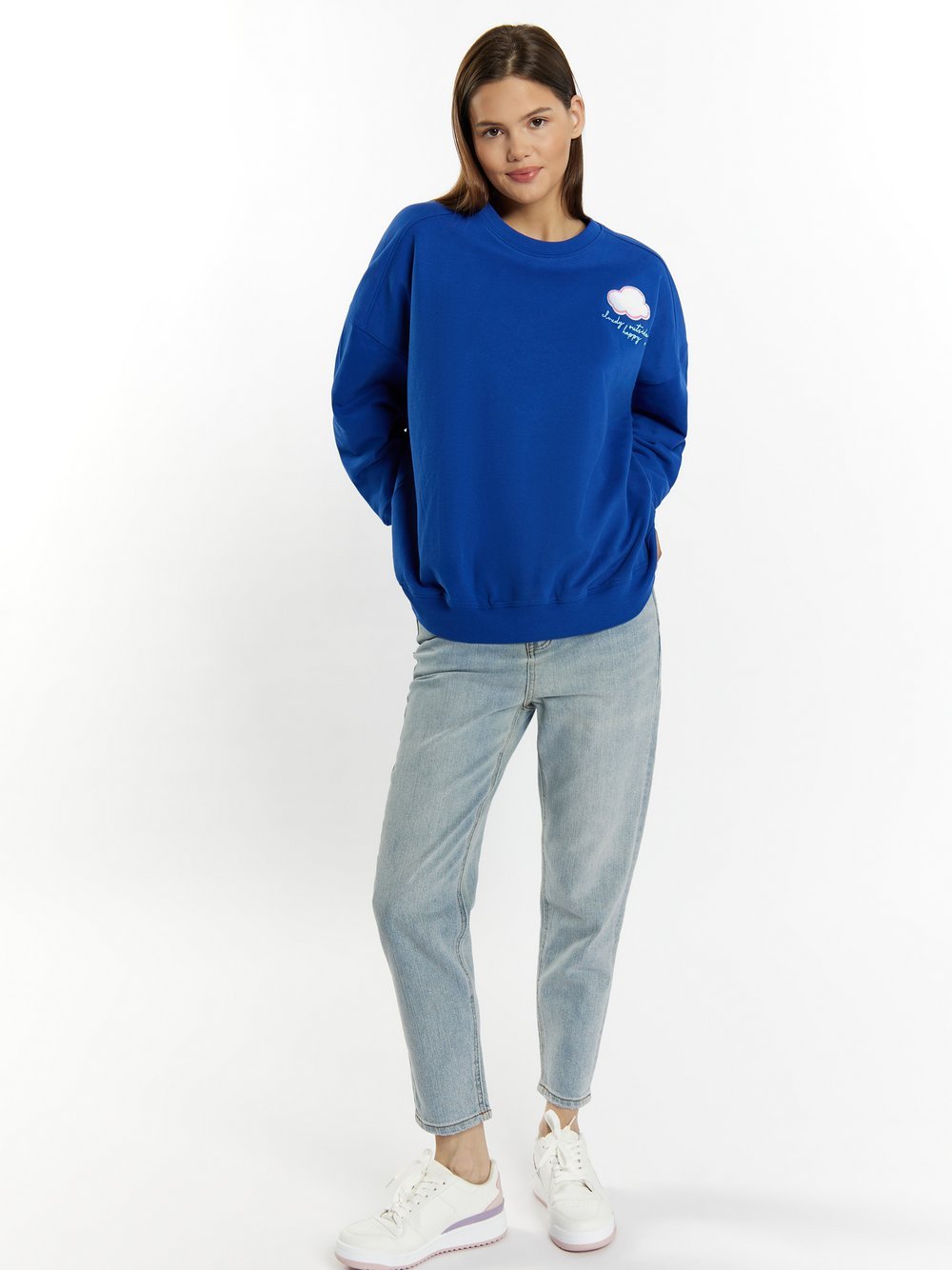 MyMo Sweatshirt mit Applikation Damen Baumwolle blau bedruckt, S