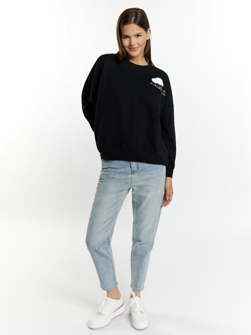 MyMo Sweatshirt mit Applikation Damen Baumwolle schwarz bedruckt, XS