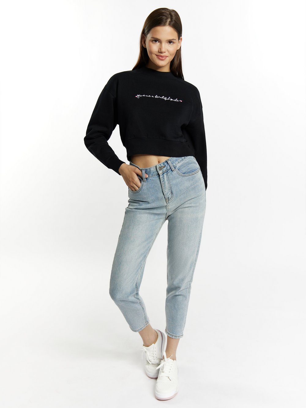 MyMo Sweatshirt cropped Damen Baumwolle schwarz bedruckt, S