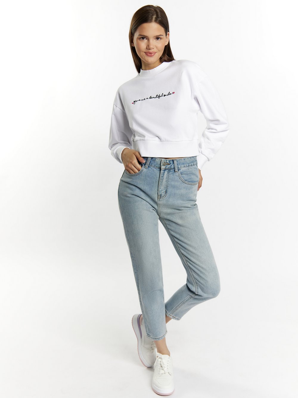 MyMo Sweatshirt cropped Damen Baumwolle weiß bedruckt, S