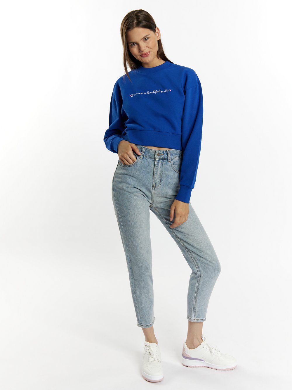 MyMo Sweatshirt cropped Damen Baumwolle blau bedruckt, XS