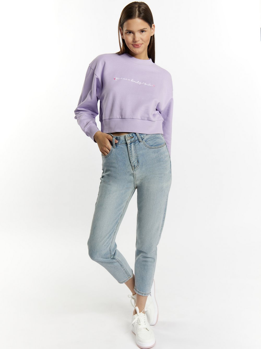 MyMo Sweatshirt cropped Damen Baumwolle lila bedruckt, XL