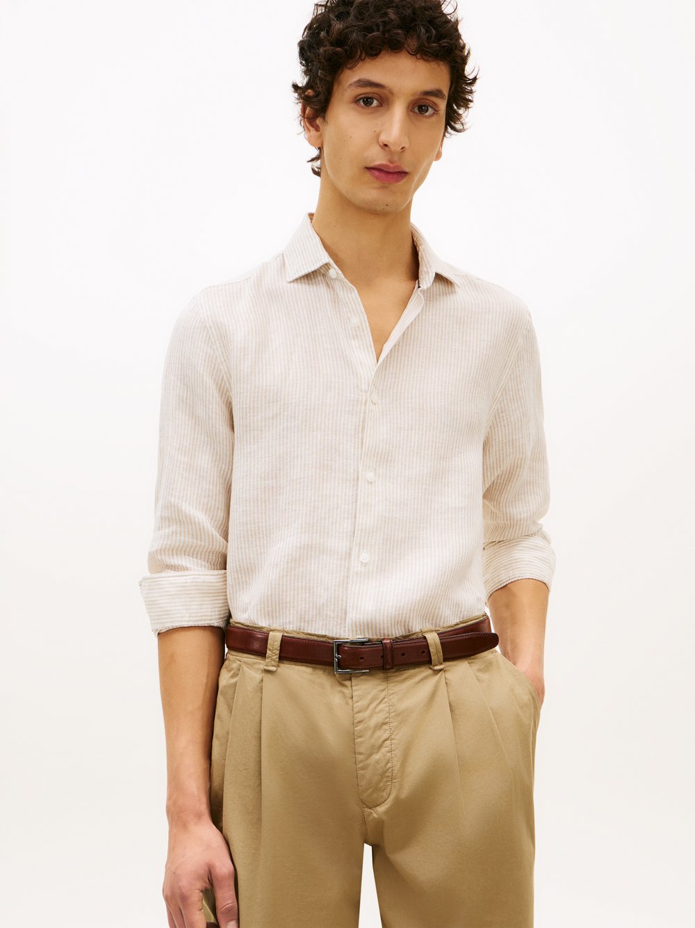 koszula lniana Mężczyźni Slim Fit len (100%) beżowy|biały