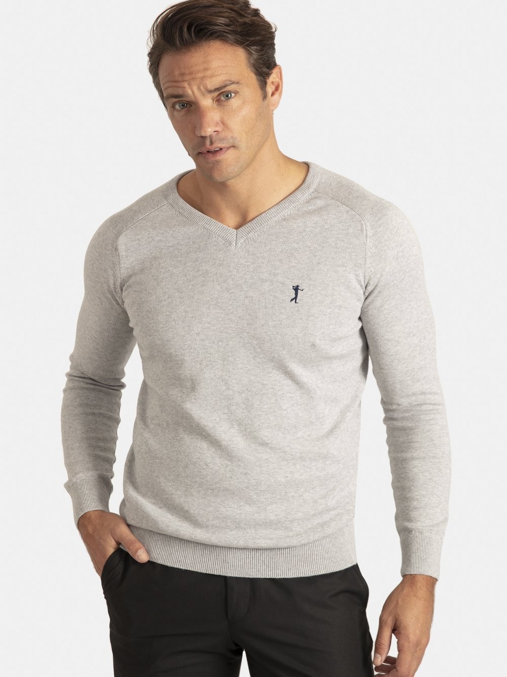 Sir Raymond Tailor V-Pullover Herren Baumwolle grau gemustert, XXL