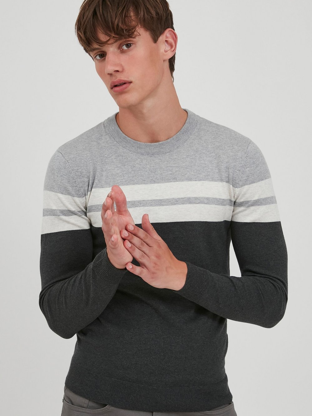 BLEND Strickpullover Herren Baumwolle grau gestreift, XXL