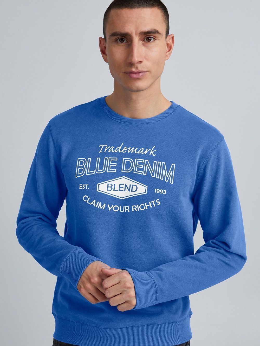 BLEND Rundhalspullover Herren Baumwolle blau bedruckt, L