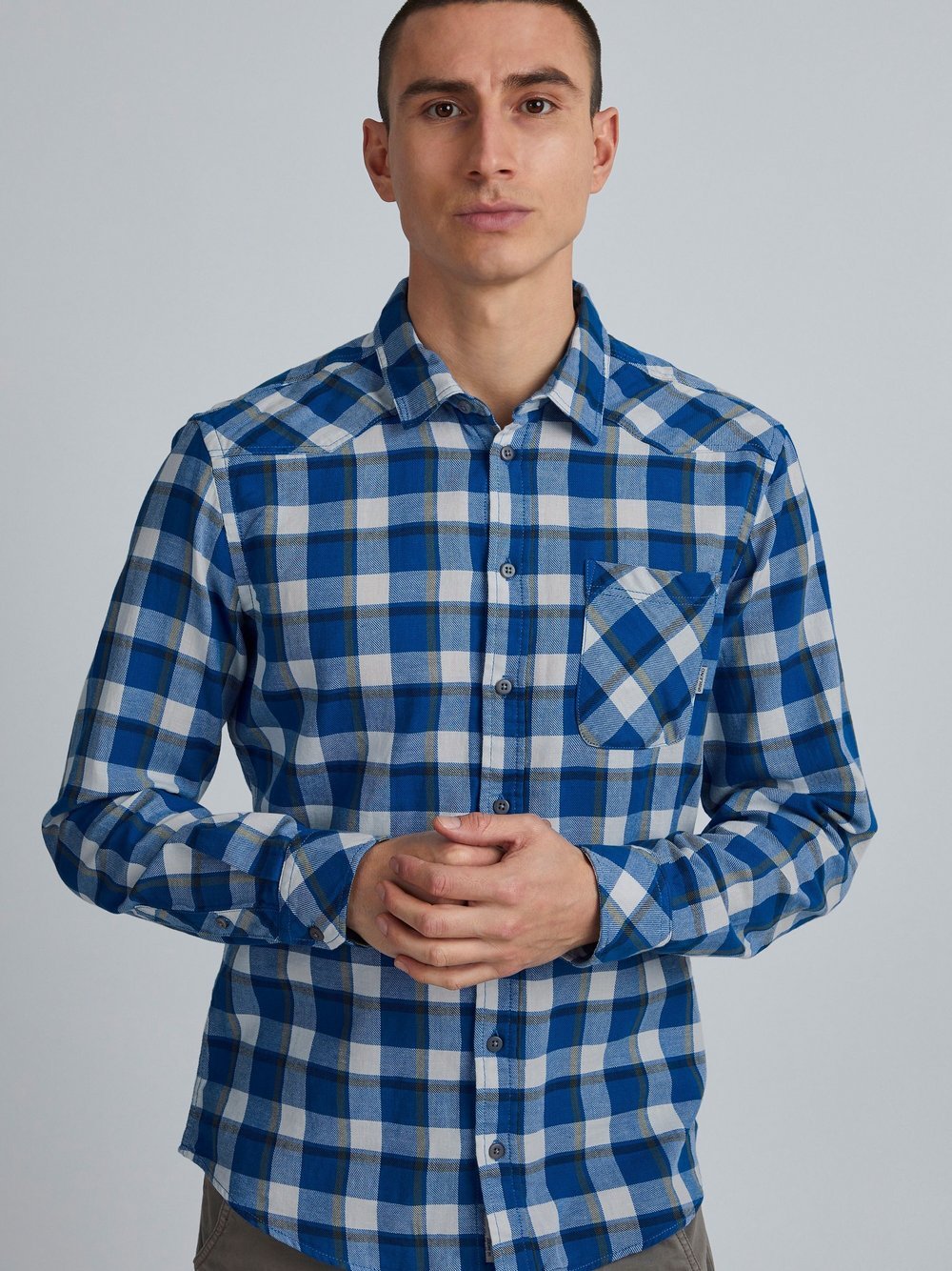 BLEND Langarmhemd Herren Slim Fit Baumwolle blau kariert, M