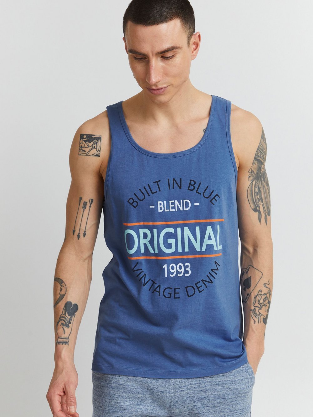 BLEND Tanktop Herren Baumwolle blau bedruckt, S