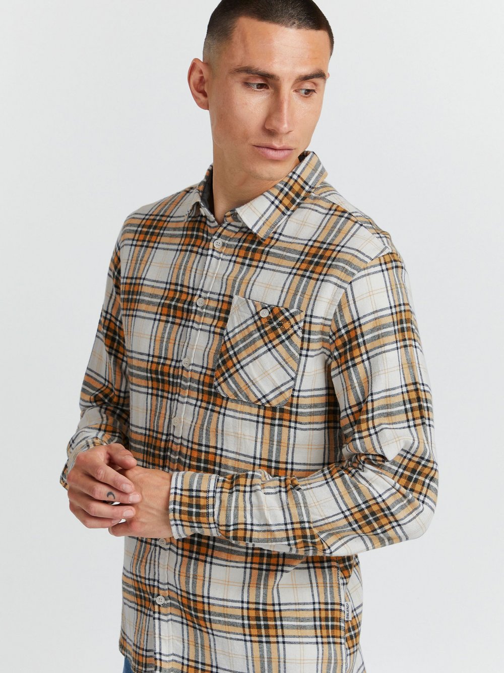 Thumbnail - BLEND Langarmhemd Herren Slim Fit Baumwolle beige kariert, S
