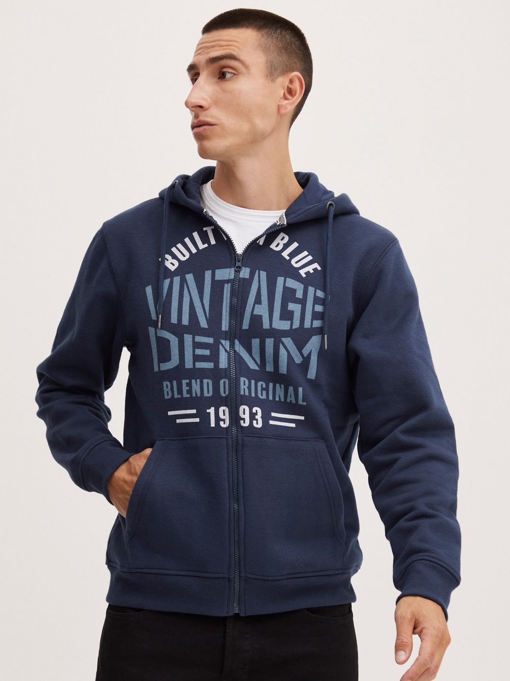 Thumbnail - BLEND Kapuzensweatjacke Herren Baumwolle blau gemustert, L