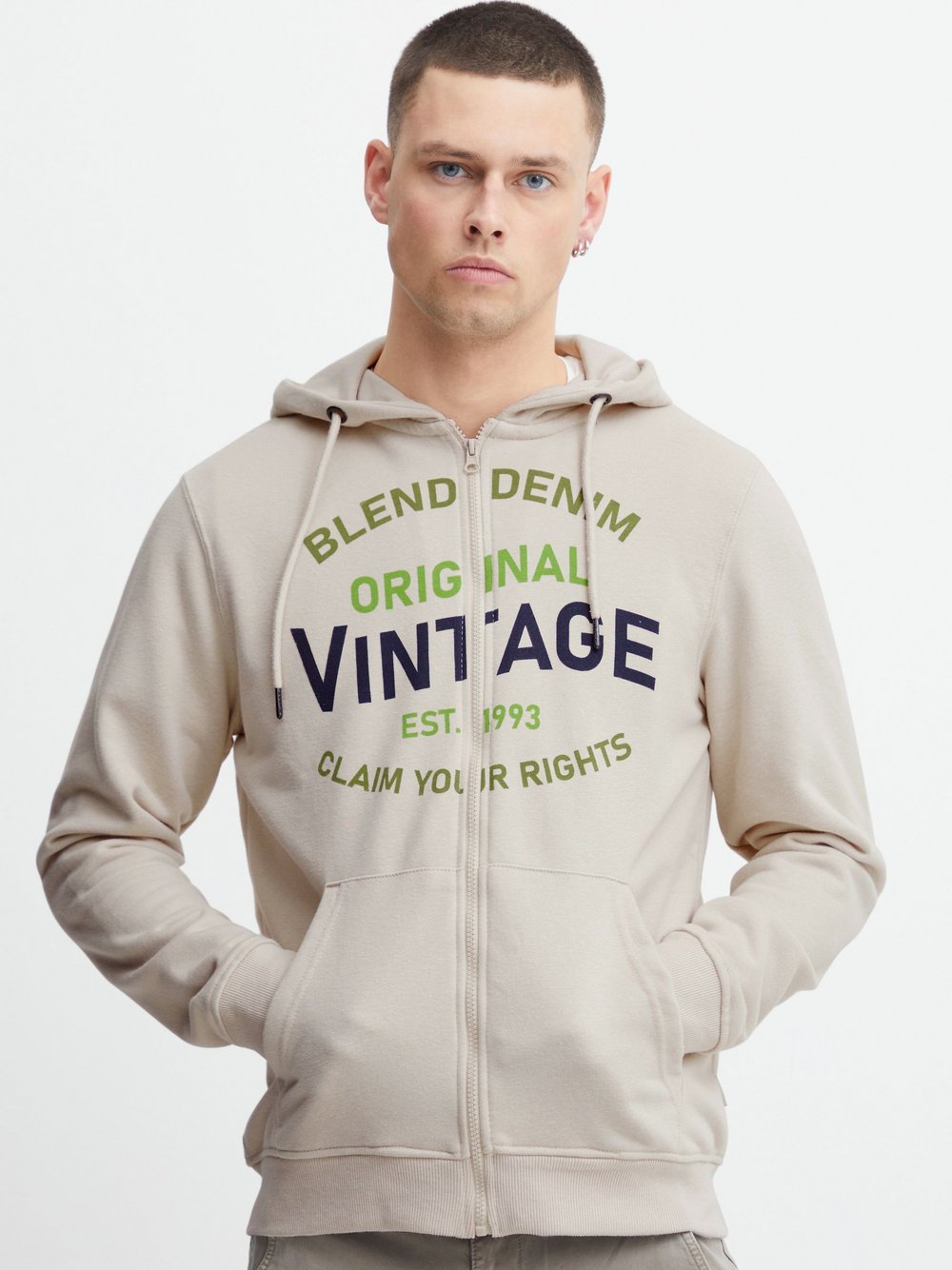 BLEND Kapuzensweatjacke Herren Baumwolle beige bedruckt, XXXL